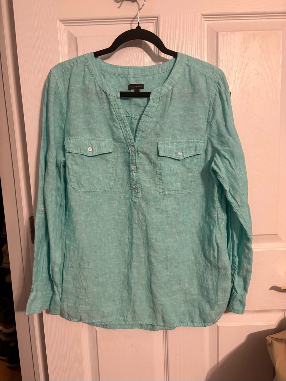 Talbots Aqua Linen Split-Neck Button Front Tunic
